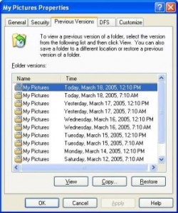 Windows XP showing Server2003 Previous Versions